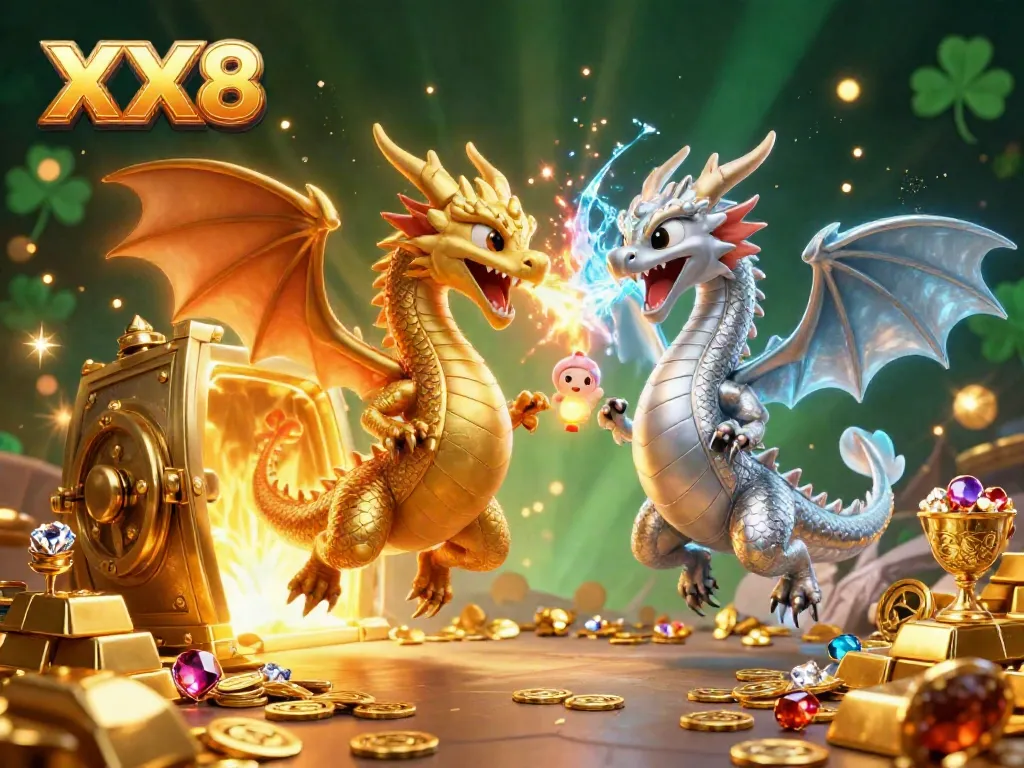 Engage with the dynamic XX8 scene featuring gold and silver dragons entwined amidst a treasure-filled casino backdrop.