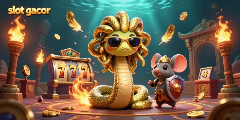 Pelajari slot gacor dalam ilustrasi 3D yang menarik dengan Medusa dan mouse pejuang dalam arena permainan.
