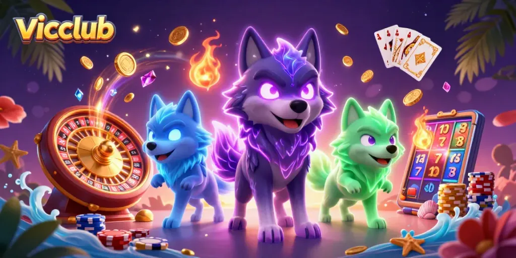 Vicclub showcases a fierce 3D cartoon wolf pack engaged in a vibrant casino scene of winning action.