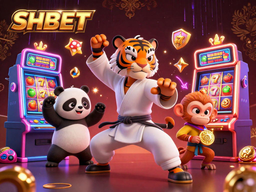 SHBET interactive casino scene with a kung fu tiger and panda, surrounded by dynamic slot machines.