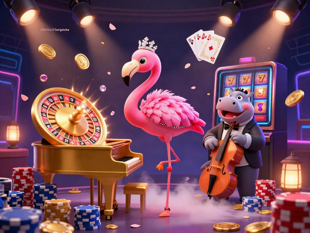 Experience the excitement of alternatif hargatoto with a vibrant casino scene featuring a flamingo singer and dynamic gaming elements.