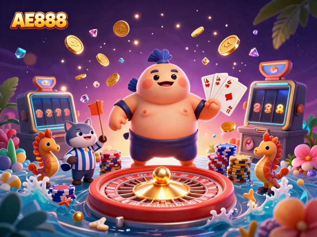 Engage with AE888 in a vibrant underwater casino scene featuring a sumo fugu and exciting game elements.