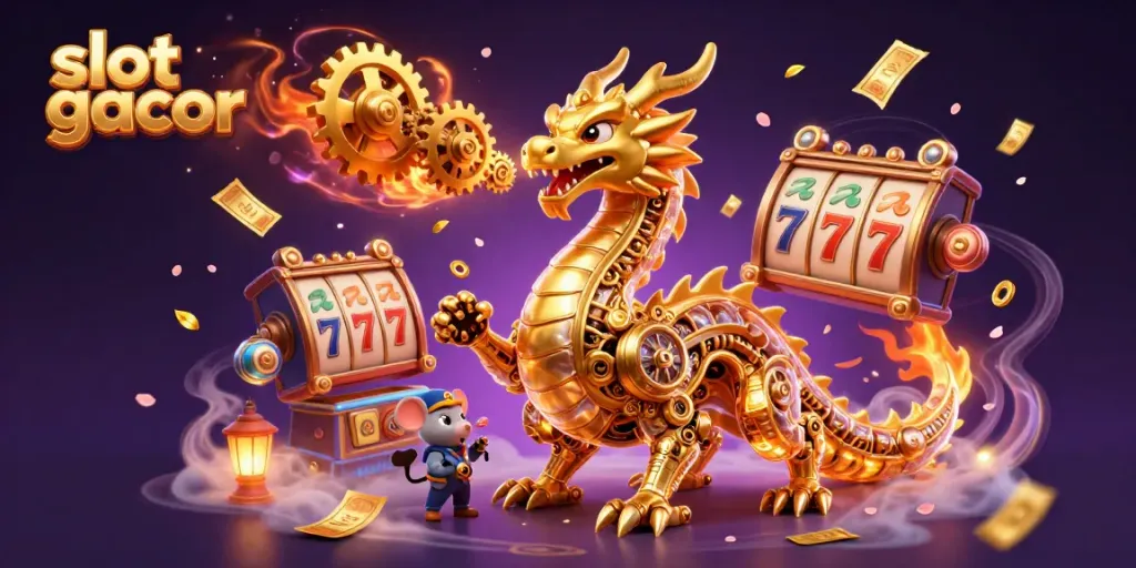 Slot gacor menampilkan naga emas berteknologi tinggi dikelilingi oleh simbol slot dan tiket emas.