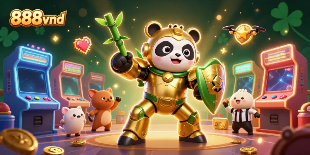 Experience thrilling gaming action with 888vnd in a vibrant mech arena, showcasing colorful arcade elements and dynamic character interactions.