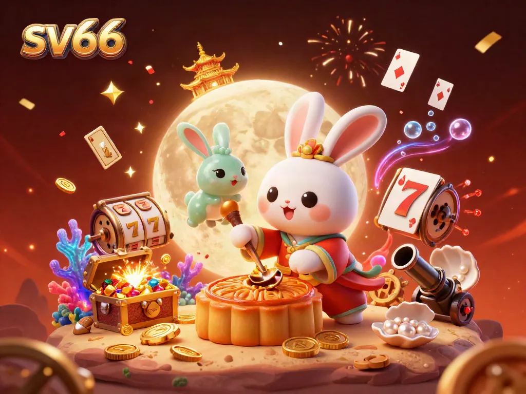 Engage with the vibrant sv66 casino illustration featuring a moon rabbit surrounded by dynamic gaming elements.