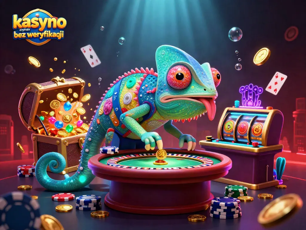 Engage in kasyno wypłata bez weryfikacji with a vibrant, dynamic casino scene showcasing a chameleon owner, coins and slot reels.