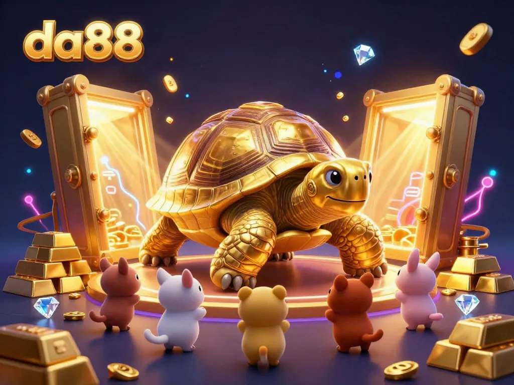 Experience excitement at da88 with a colossal golden tortoise in a vibrant casino setting surrounded by treasures and animated characters.