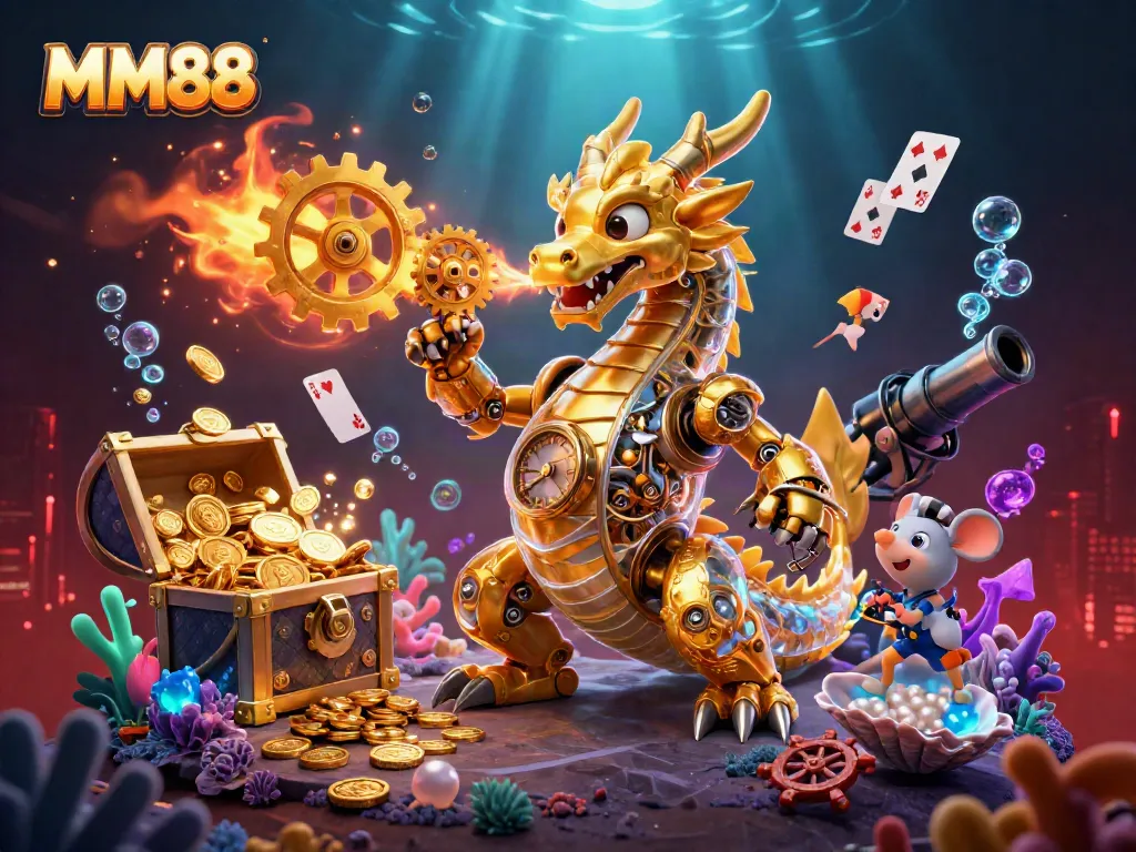 Experience the excitement of MM88 casino with a 3D golden dragon amidst treasures and gaming elements.
