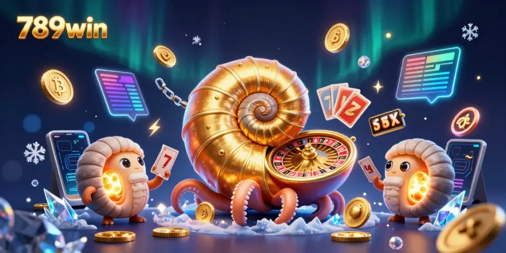 Engage with thrilling 789win gaming, featuring a giant nautilus roulette wheel and dynamic slot elements.