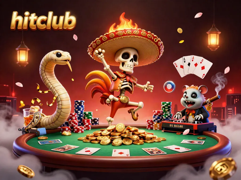 Engage with hitclub's casino thrill featuring a vibrant 3D scene of winning characters celebrating around poker elements.