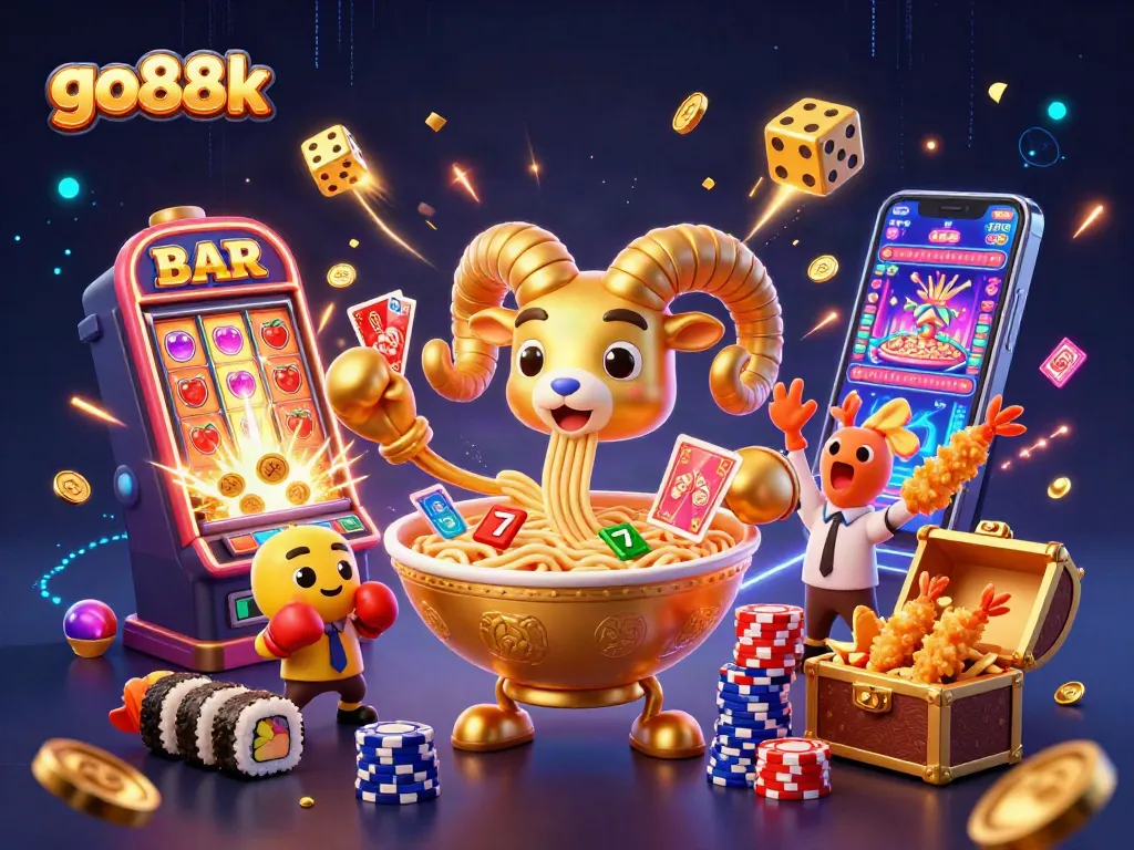 Go88k reveals casino excitement with a giant ramen bowl dealing cards and bursting slot machines.