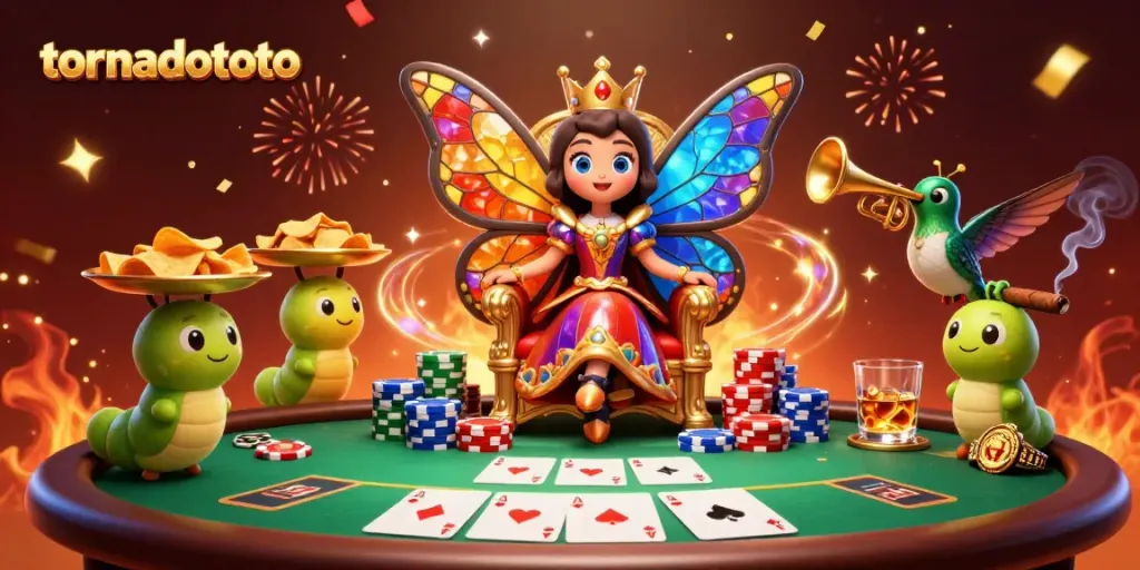 Experience the thrill at tornadototo with vibrant casino elements and a butterfly queen in a rich illustration.