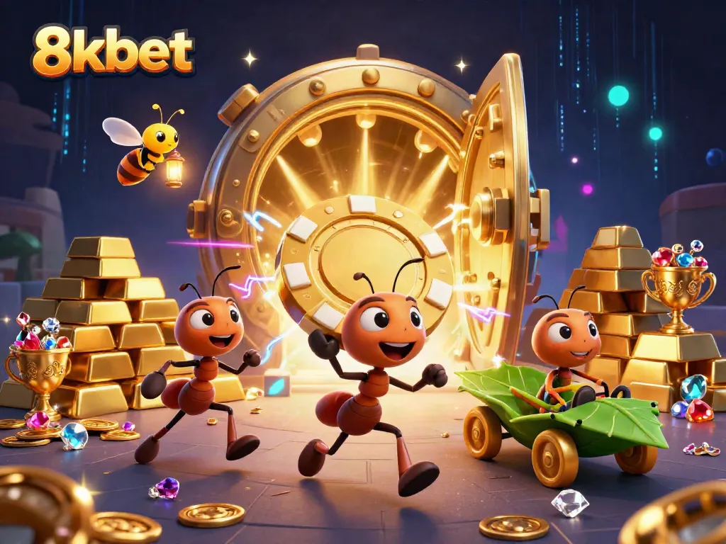 Experience thrilling wins with 8xbet, as ants carry a giant poker chip amidst sparkling treasures.