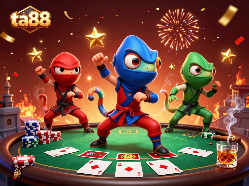 Experience the excitement of ta88 with vibrant 3D ninjas battling at a poker table in a festive casino scene.