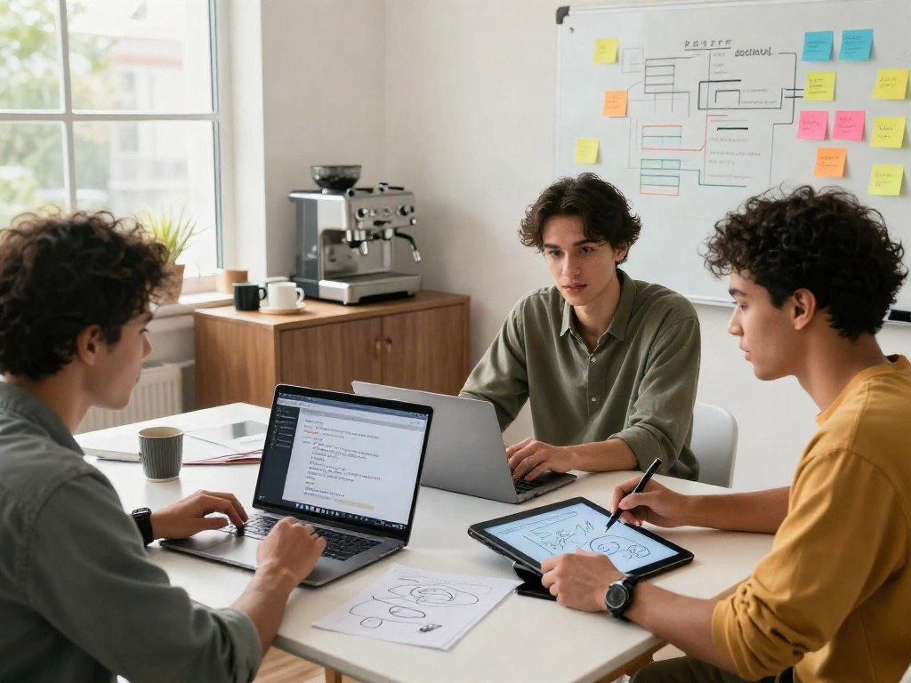 Diverse group discussing innovative ideas on AI chat NSFW technology in a bright workspace.