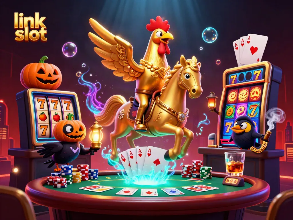 Engage with link slot action in a vibrant 3D casino scene featuring unique characters and rich gaming elements.