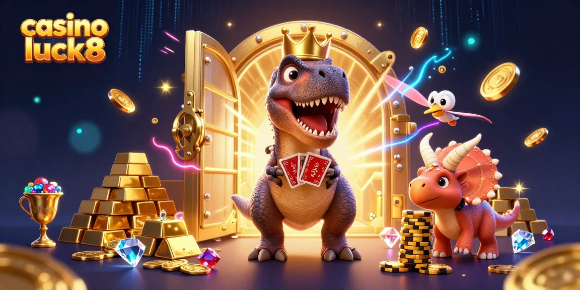 Engage with casino luck8’s vibrant scene featuring a T-Rex shuffling cards and a triceratops stacking chips.