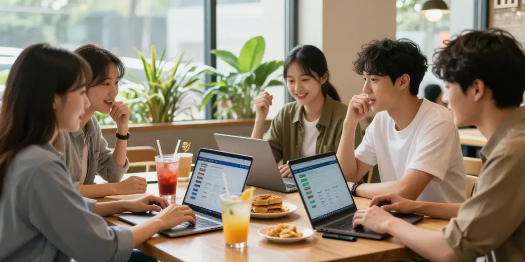 토토사이트 추천 토토하라에 대해 논의하는 친구들, 현대적인 카페 테이블, 노트북과 스마트폰