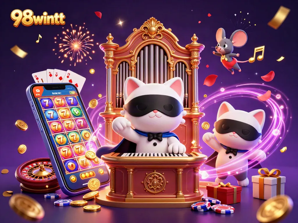 Engage with fun gambling experiences at 98wintt featuring festive characters in an exciting casino scene.