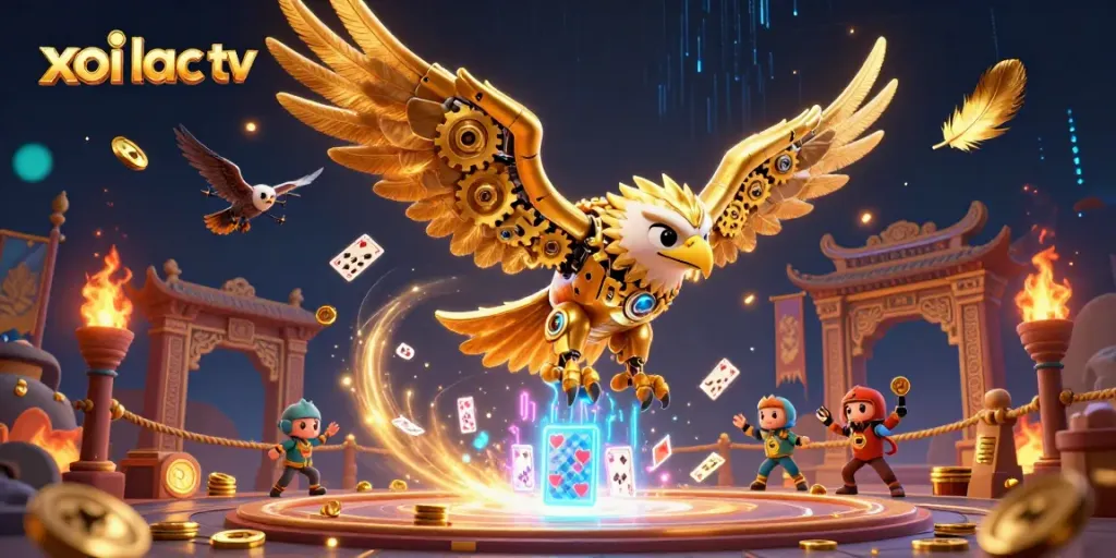 xoi lac tv features a cybernetic eagle amidst a dynamic gambling scene with rich details