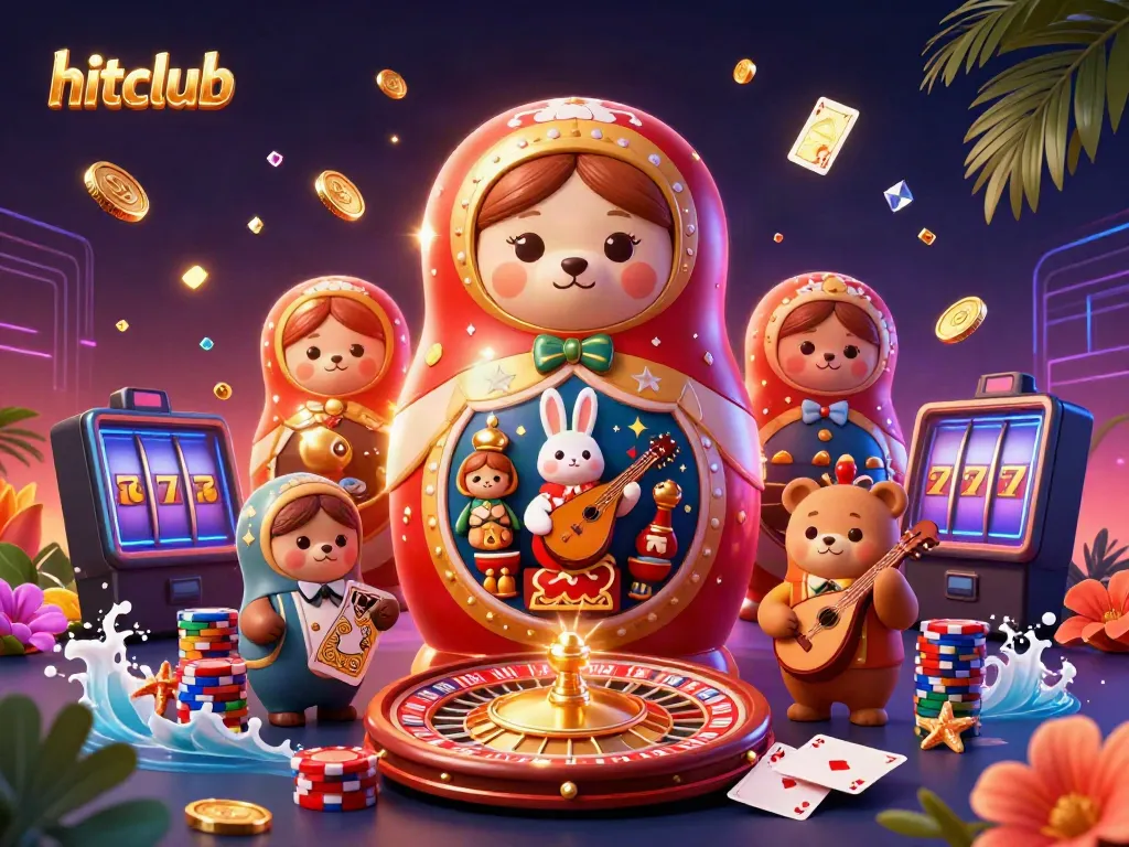 Experience high-energy gameplay at hitclub with vibrant casino-themed 3D illustration.