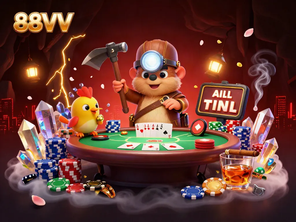 Engage with 88VV casino excitement featuring a treasure hunter mole amid golden deposits and poker elements.