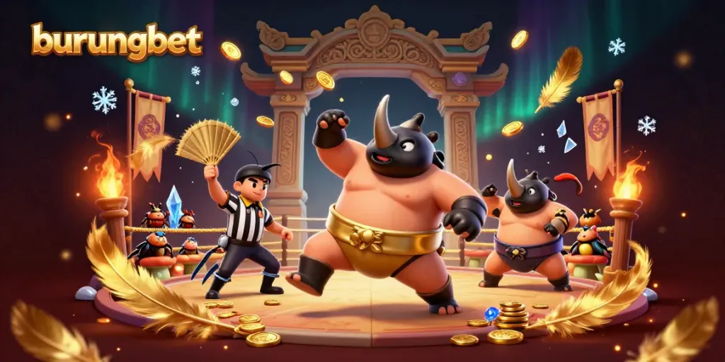 Menghadirkan burungbet dengan juara kejuaraan sumo dan koin emas yang melayang di arena bertema judi.