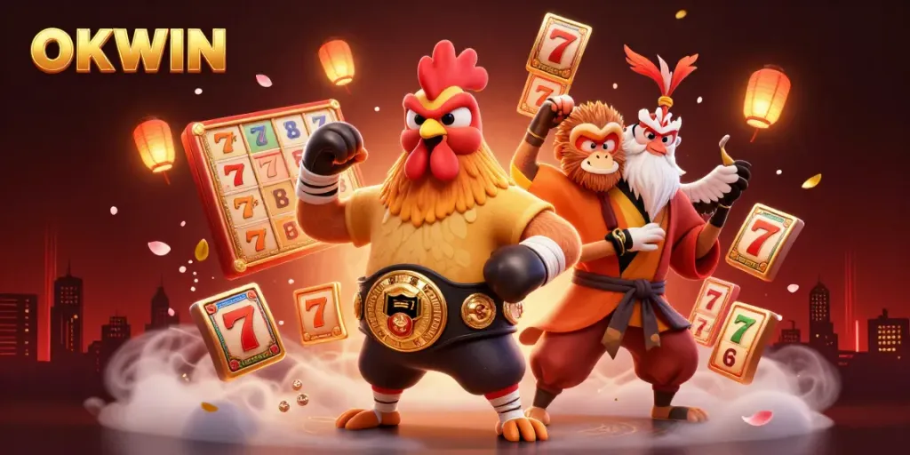 Experience thrilling action with OKWIN's vibrant 3D casino scene featuring dynamic characters and exciting slot elements.