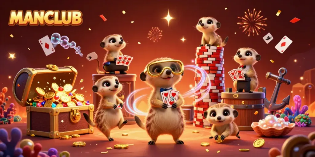 Engage in thrilling casino adventures with MANCLUB's meerkat characters amidst vibrant gaming elements.