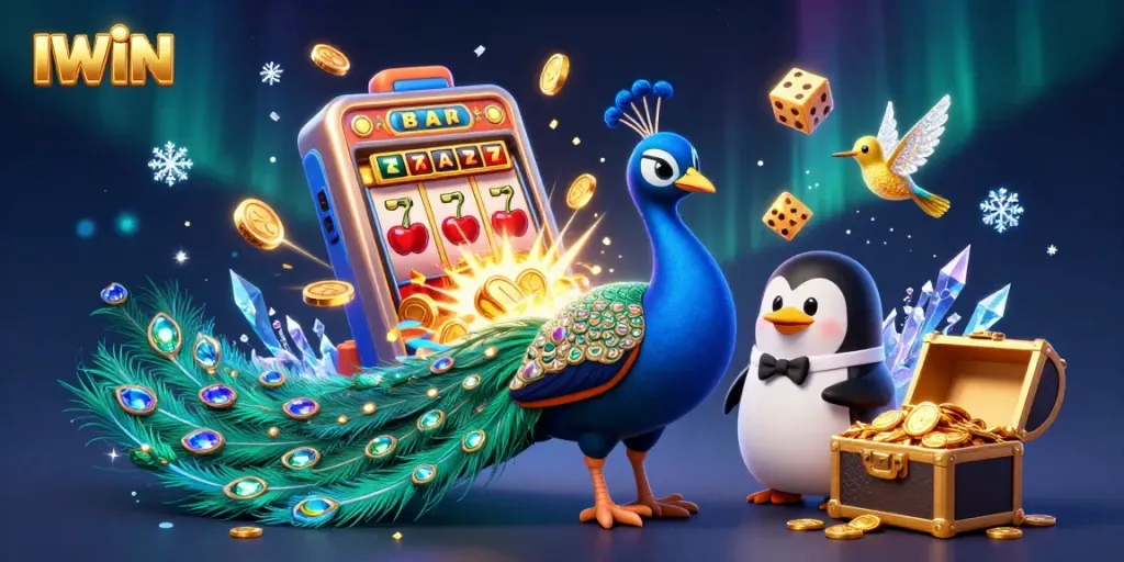 IWIN captures the thrill of casino gaming with a cartoon peacock, coins, and vibrant jackpots.