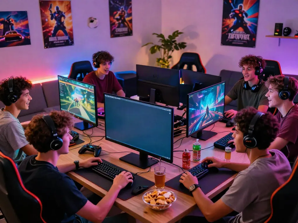 Kilat404 gaming scene with friends enjoying multiplayer games together.