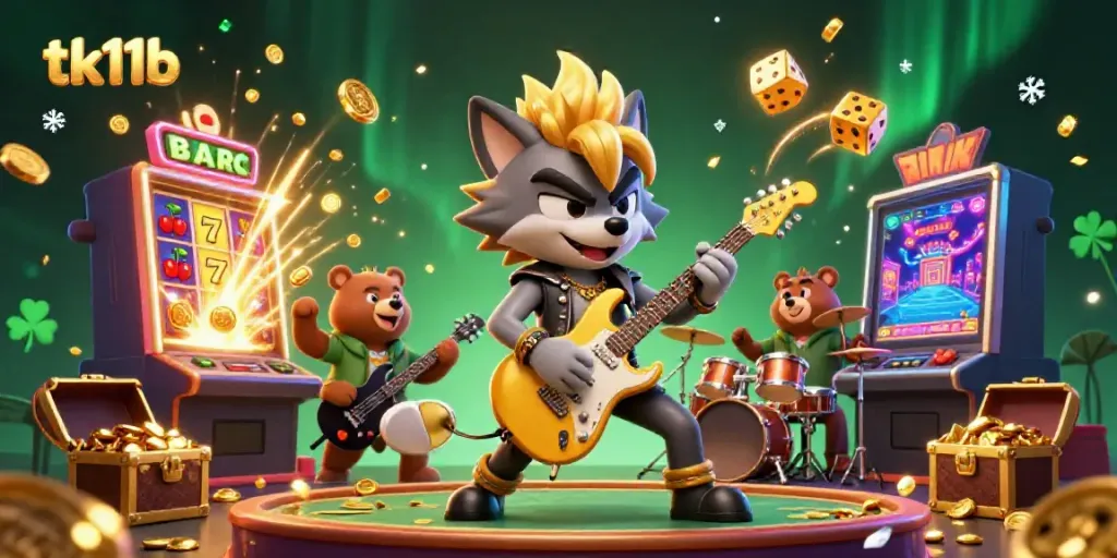 Experience the vibrant gaming action at tk11b with an electrifying cartoon scene showcasing a rock star wolf and bear drummer amidst a jackpot explosion.