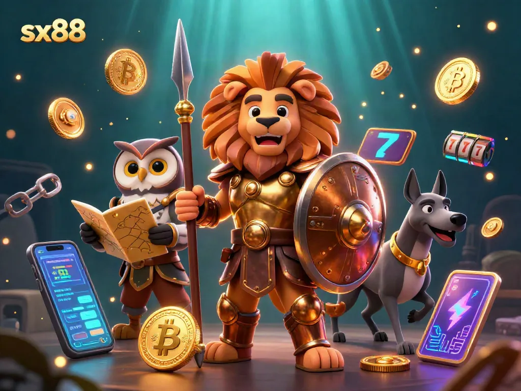 Engage with sx88's epic gaming adventure featuring a Spartan lion, owl, and greyhound amidst a vibrant casino scene.