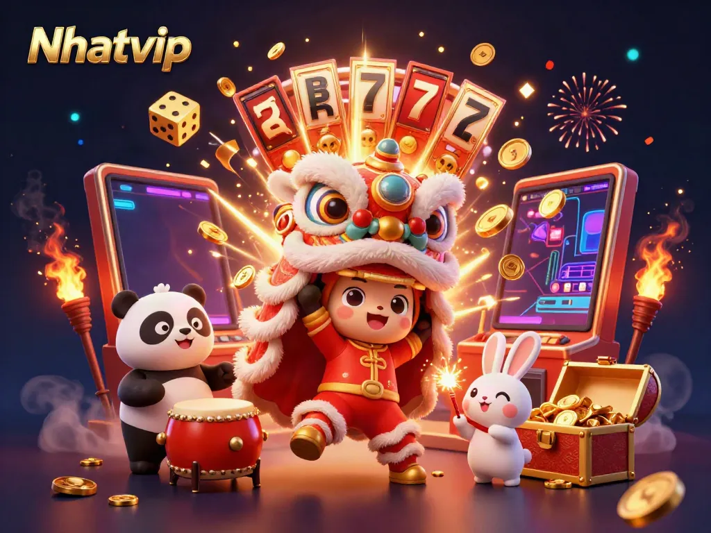Nhatvip offers exciting casino experiences with colorful slot machines and festival-themed characters.
