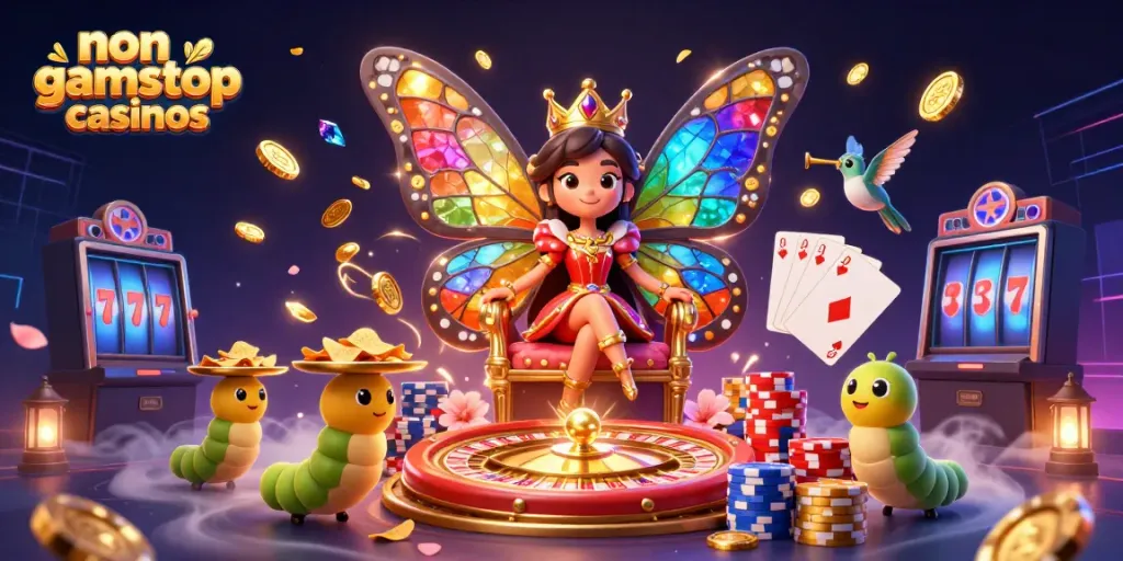 Experience the magic of non gamstop casinos with vibrant characters and casino elements in 3D.