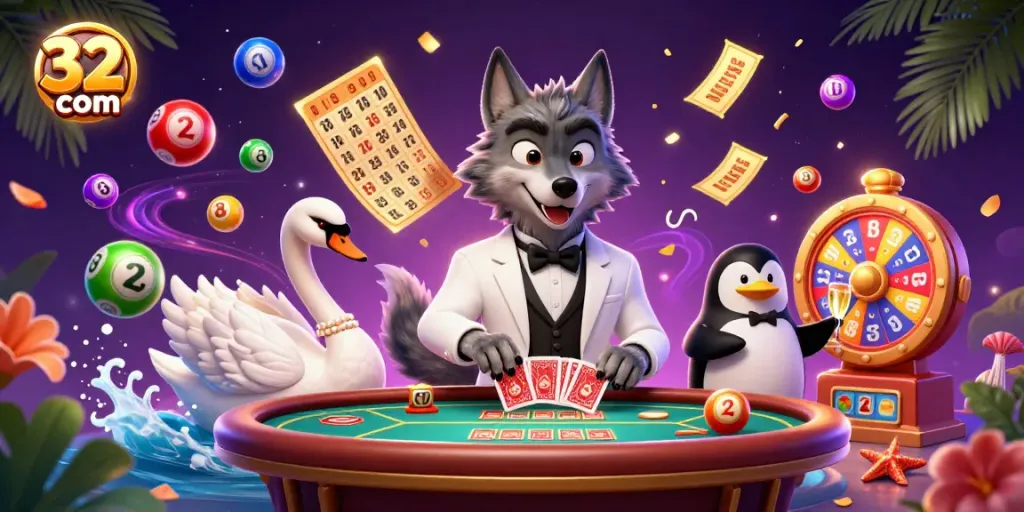 Experience the excitement of 32win com with lively casino scenes featuring vibrant elements, colorful balls, and elegant characters.