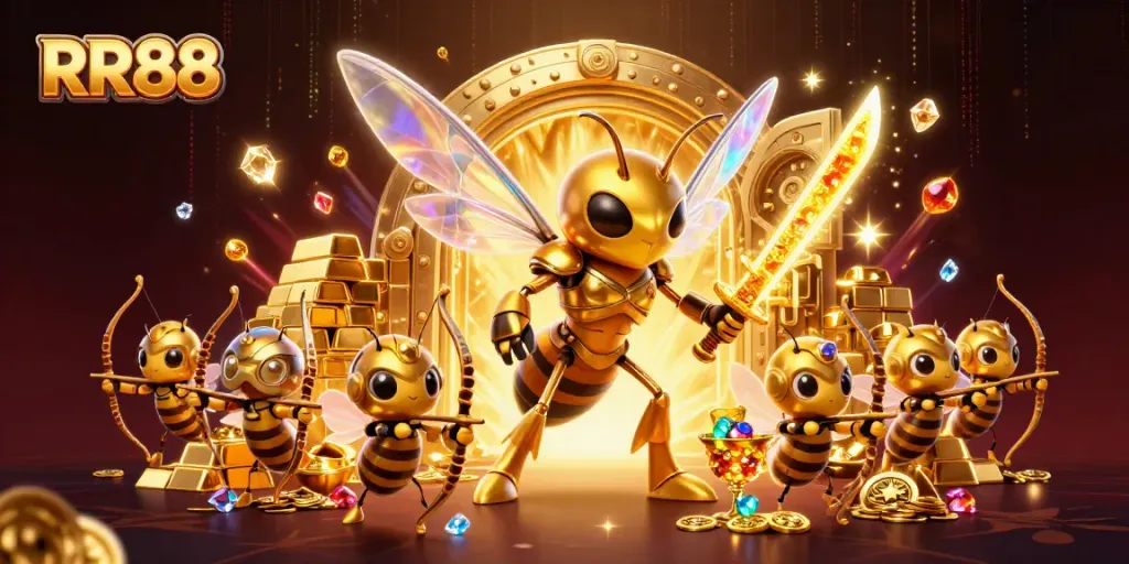 Experience the thrill of RR88 casino with a dynamic illustration featuring samurai hornet and treasure.