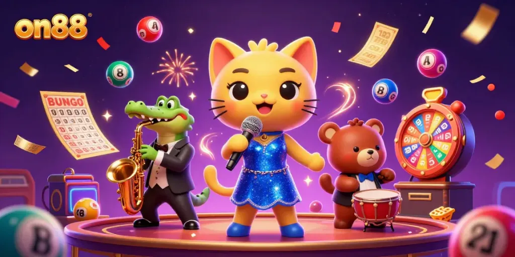 Experience vibrant gaming with on88 featuring lively characters, with numbers and prizes in a colorful casino.