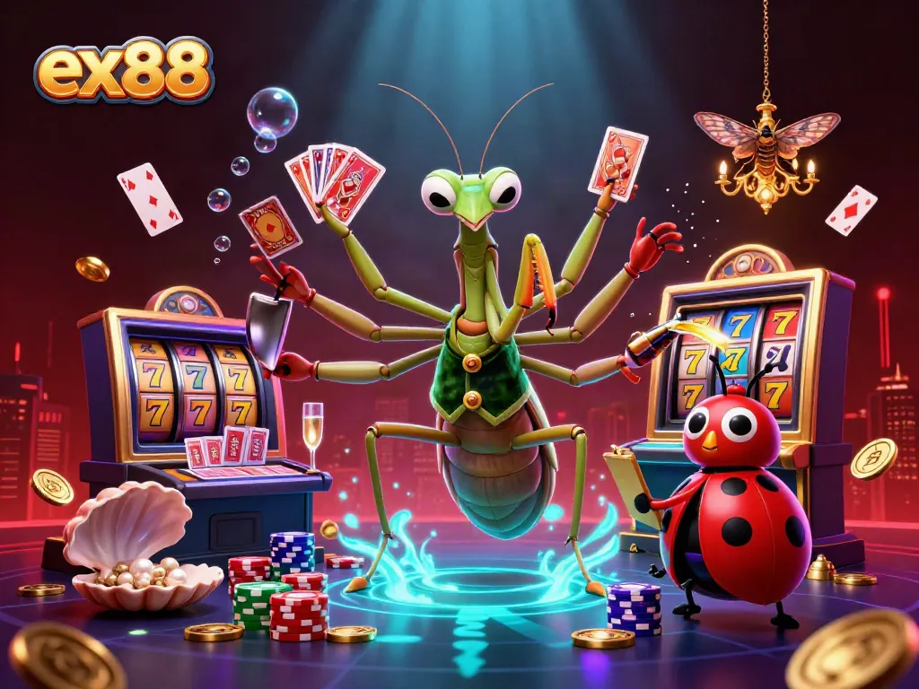 Experience the excitement of ex88 slots with a dynamic 3D illustration of casino characters and elements.