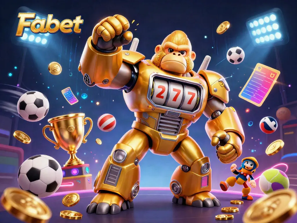 Fabet showcases thrilling gaming with a golden gorilla mech, sports elements, and dynamic action.