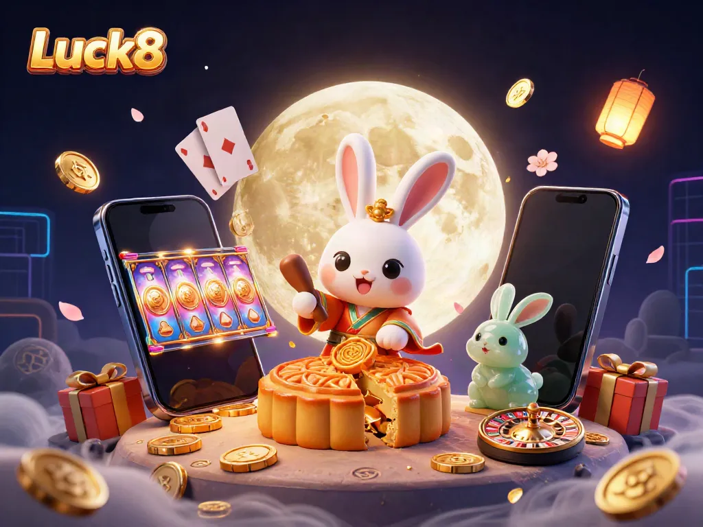 Luck8 showcases a moon rabbit and jade companion celebrating with golden mooncakes and poker chips in an engaging casino scene.