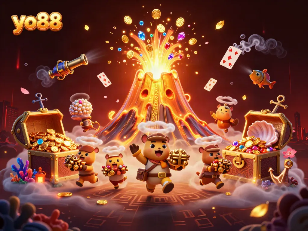 Experience the thrilling world of yo88 with a golden volcano erupting treasures in a vibrant casino scene.