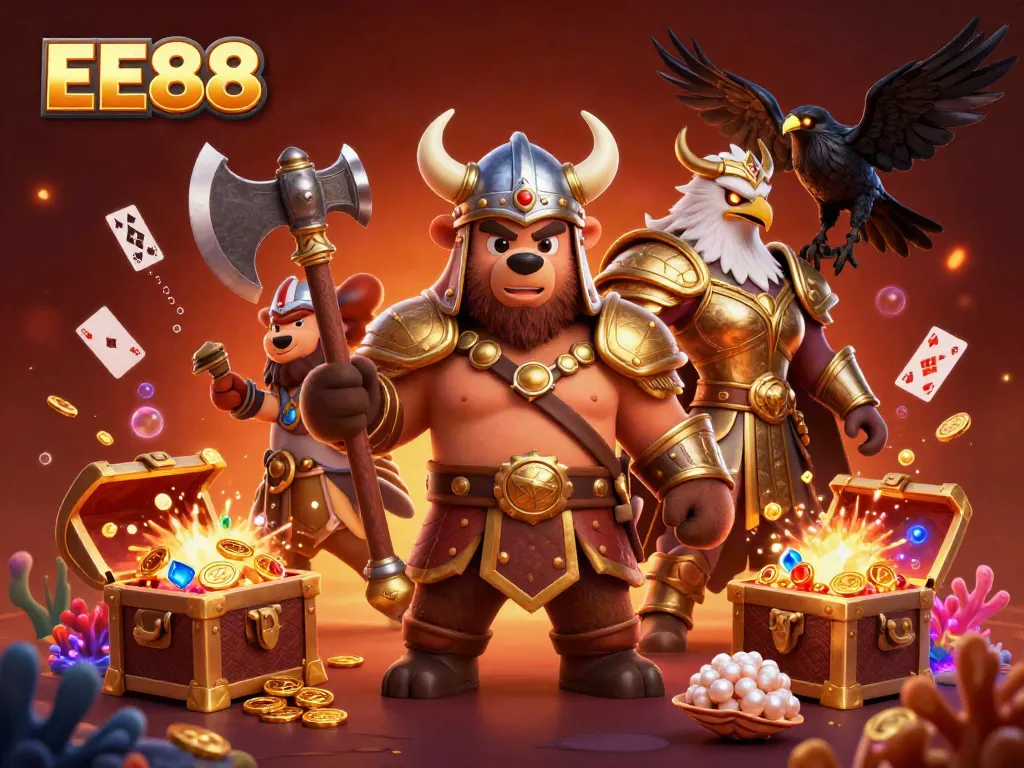 Experience exciting gameplay with EE88 through a vibrant and action-packed casino scene featuring mythical characters.