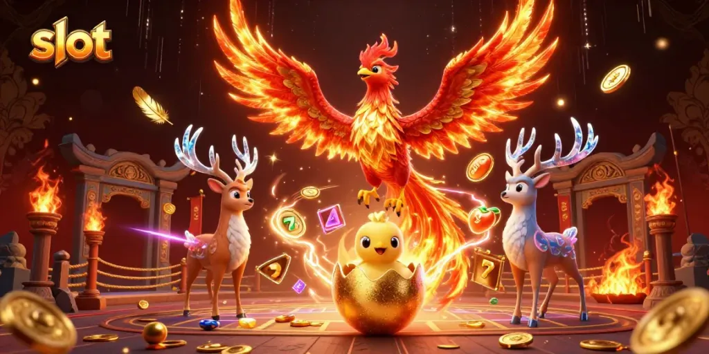 Experience thrilling slot action with a vibrant phoenix family and dynamic casino elements.