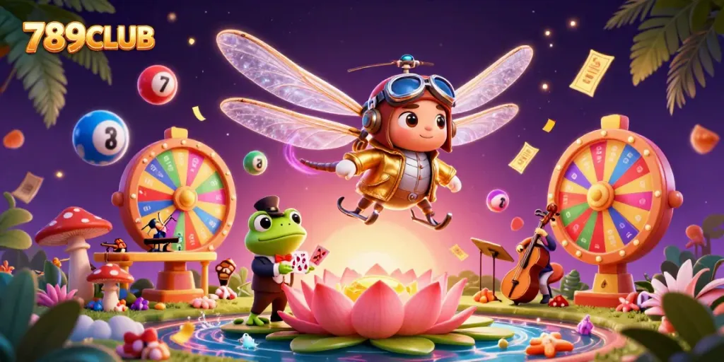 Experience vibrant gaming action at 789CLUB, with a dragonfly pilot, frog dealer, and thrilling casino elements.
