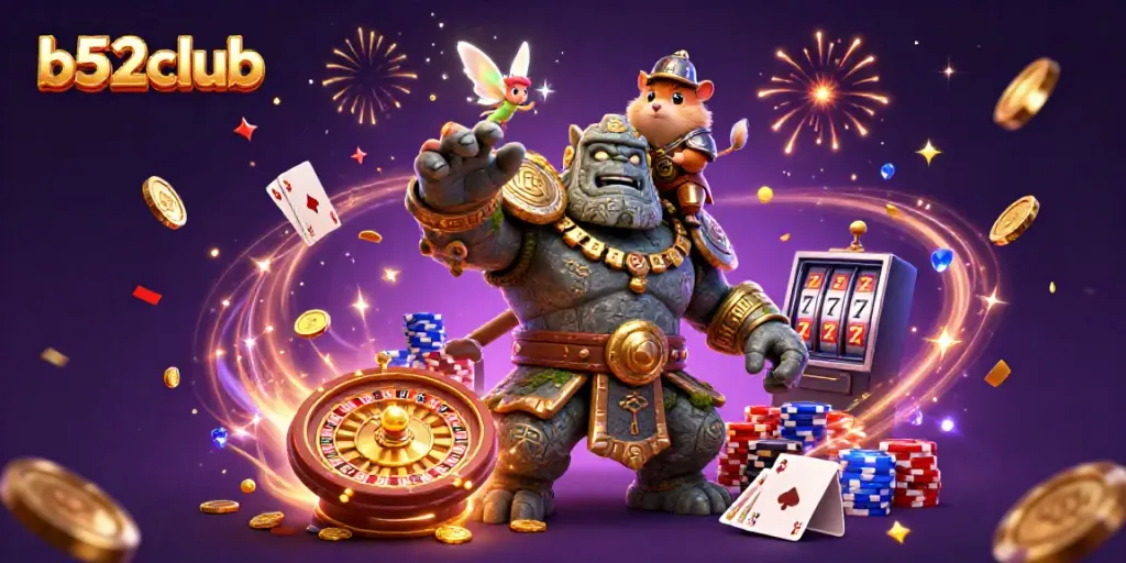 Experience thrilling action at b52club with golem guardian and magical elements in this vibrant casino illustration.