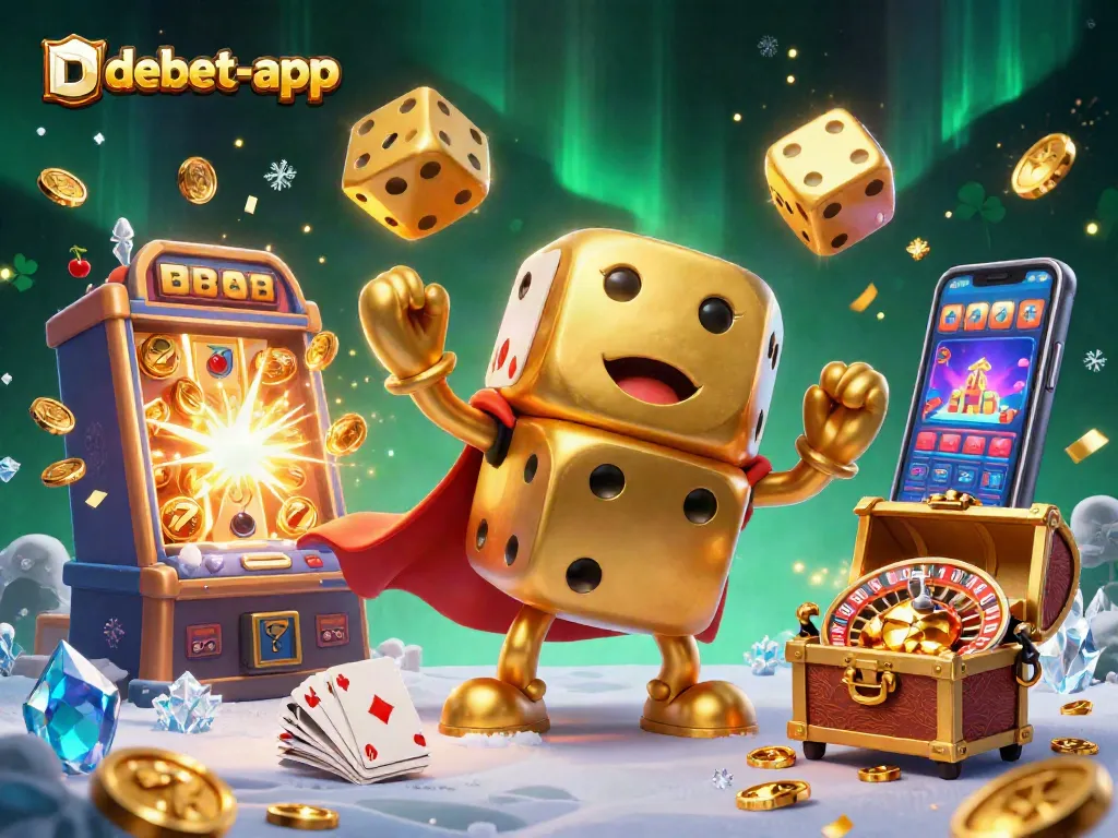 Engage with debet-app featuring a lively scene of a golden dice golem, slot machines, and casino elements.