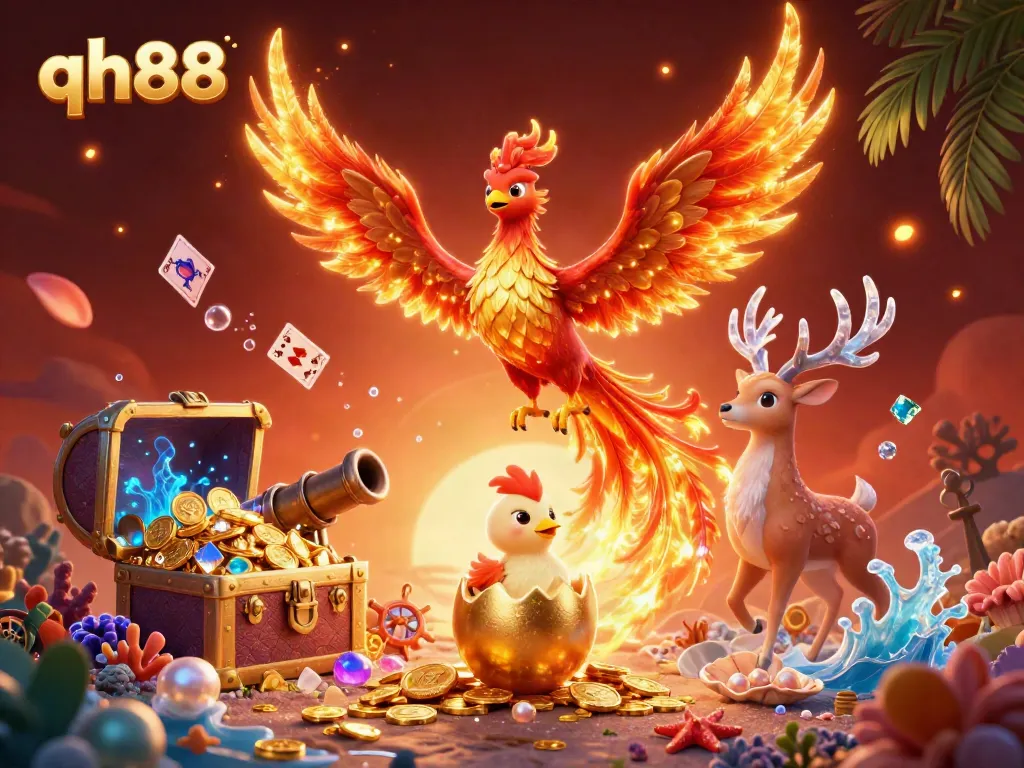 This vibrant 3D illustration showcases the qh88 phoenix soaring above a treasure-filled underwater scene, symbolizing fortune and excitement in gambling.