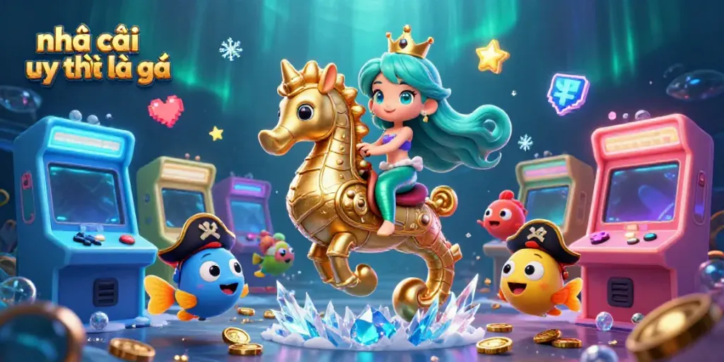 Experience the magic of nhà cái uy tín là gì with a vibrant underwater casino scene featuring fun characters.