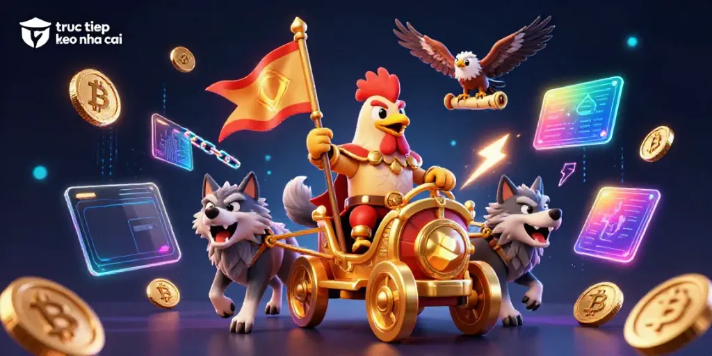 Engage in truc tiep keo nha cai with a vibrant 3D illustration of a rooster warlord and cryptocurrency elements.